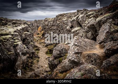 Dove i continenti si allontanano e la bellezza selvaggia dell'Islanda prende vita: Il Parco Nazionale di Þingvellir in tutta la sua serenità senza tempo Foto Stock