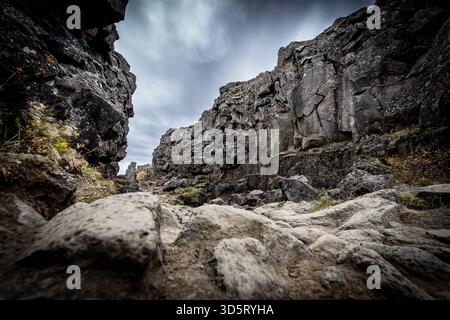 Dove i continenti si allontanano e la bellezza selvaggia dell'Islanda prende vita: Il Parco Nazionale di Þingvellir in tutta la sua serenità senza tempo Foto Stock
