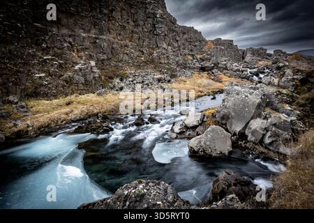 Dove i continenti si allontanano e la bellezza selvaggia dell'Islanda prende vita: Il Parco Nazionale di Þingvellir in tutta la sua serenità senza tempo Foto Stock