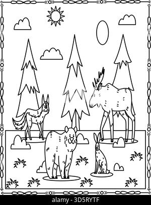 Pagina da colorare animali della foresta per bambini e adulti. Orso, cervo, Fox e coniglio. Illustrazione Vettoriale