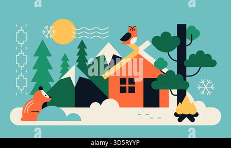 Inverno nel villaggio - illustrazione colorata di stile piatto Illustrazione Vettoriale