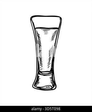 Bicchierino pieno con bevanda alcolica come vodka, brandy, sake o illustrazione vettoriale di limoncello dipinto con inchiostro nero. Bevanda in vetreria piccola Illustrazione Vettoriale