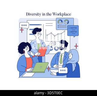 Illustrazione vettoriale di un team eterogeneo impegnato in una discussione collaborativa sul luogo di lavoro. Il gruppo sta scambiando idee durante la revisione di grafici e grafici di dati. Illustrazione Vettoriale