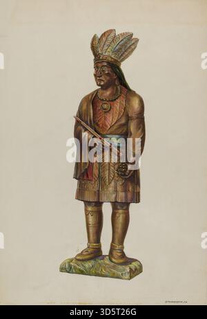 Una figura in legno dipinta di un Cigar Store Indian realizzata da Gerald Transpota intorno al 1939. La statua raffigura un nativo americano in abito tradizionale, storicamente utilizzato come pubblicità per tabacchi. Riflette l'arte popolare commerciale americana dell'inizio del XX secolo. Foto Stock