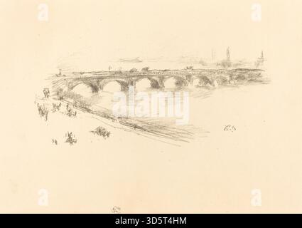 Di sera, Little Waterloo Bridge, 1896 di James McNeill Whistler mostra il ponte che attraversa il fiume, i riflessi sull'acqua, la luce serale, la foschia atmosferica e il paesaggio urbano circostante. Foto Stock