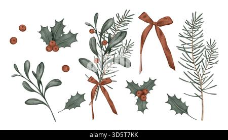 Set natalizio con rami di pino, abete, arco, agrifoglio, bacche rosse. Illustrazioni per il design di Capodanno in tonalità silenziose. Clipart piante di Natale in rosso e. Foto Stock