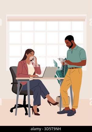 Moderno spazio di lavoro per uffici, persone d'affari diverse Illustrazione Vettoriale