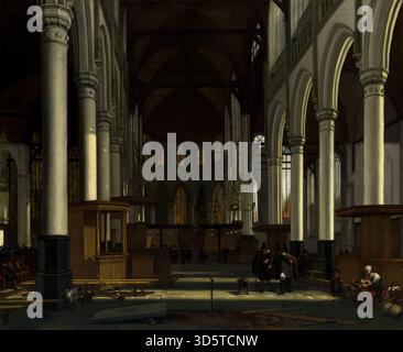 Questo dipinto raffigura l'interno della Oude Kerk di Amsterdam, mostrando caratteristiche architettoniche come archi, colonne, finestre, pali, pavimenti, plafoniera, luce e prospettiva. L'opera è eseguita in olio su tela, catturando la scala, la profondità spaziale e l'atmosfera dell'interno della chiesa olandese del XVII secolo. Foto Stock