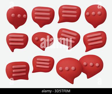 Raccolta di icone di colore rosso che rappresentano chat online, commenti, conversazioni e comunicazioni sui social network. Illustrazione Vettoriale