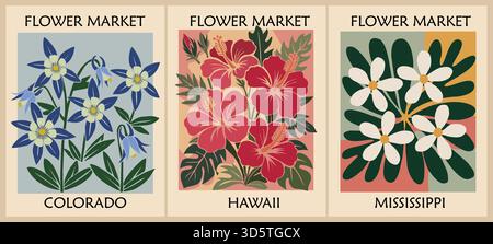 Set di poster per il mercato dei fiori con i fiori dello stato degli Stati Uniti Illustrazione Vettoriale