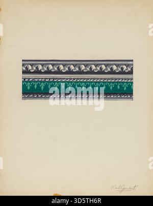 Un bordo di carta da parati prodotto da Karl Joubert intorno al 1937, caratterizzato da un motivo decorativo a ripetizione progettato per essere applicato lungo il bordo superiore delle pareti interne. Il bordo riflette l'estetica degli interni della metà degli anni '1930. Foto Stock