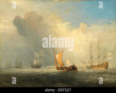 Un dipinto ad olio del 1833 di J.M.W. Turner raffigurante il traghetto di Rotterdam. Il lavoro mostra nave, acqua, cielo, orizzonte, luce, riflessioni, figure, composizione e pennellate tipiche della pittura marina britannica dei primi anni del XIX secolo. Foto Stock