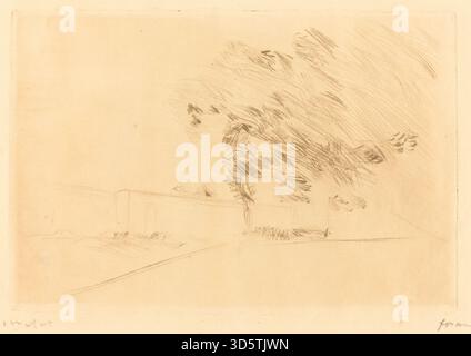 Disegno di Jean Louis Forain del 1909 raffigurante figure nei giardini di Versailles con alberi, sentieri, fontane, architettura e gesti espressivi che riflettono la vita sociale e ricreativa. Foto Stock