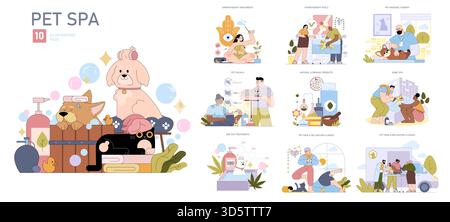 Set di illustrazioni vettoriali per animali domestici che mostrano trattamenti come aromaterapia, idroterapia, facciali per animali domestici, massaggi e molto altro. Include immagini di animali domestici e praticanti in un centro benessere. Illustrazione Vettoriale