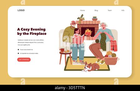 La famiglia si riunisce accanto al caminetto in un'atmosfera calda e rilassata. Un anziano legge un libro mentre un bambino ascolta, con una persona che lavora a maglia nelle vicinanze. Una tranquilla scena domestica nell'illustrazione vettoriale. Illustrazione Vettoriale