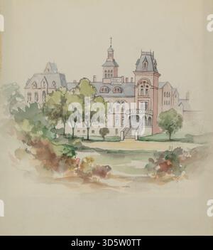 La casa americana del 1935-1942 rappresenta un modello su piccola scala o una rappresentazione artistica di una struttura residenziale, mostrando pareti, tetto, finestre e dettagli architettonici tipici degli edifici residenziali dell'inizio del XX secolo. Foto Stock