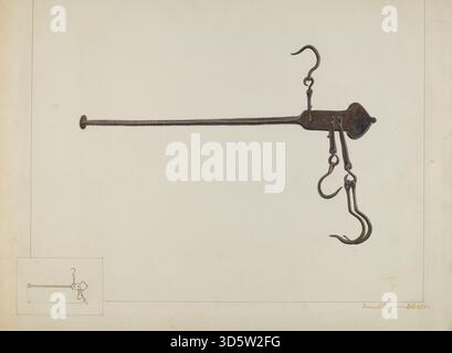 Bilance in ferro fotografate da Samuel Fineman, intorno al 1937, che mostrano casse di bilanciamento, supporto centrale, telaio in metallo, catene e design funzionale per pesare oggetti. Foto Stock