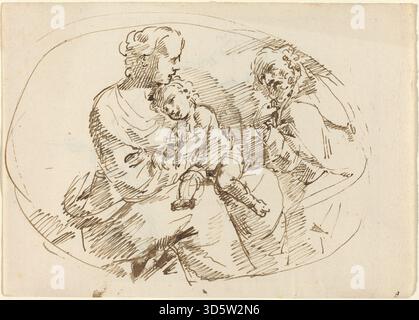 Un dipinto attribuito a Donato Creti, raffigurante la Sacra famiglia sul lato recto, raffigurante Maria, Giuseppe e il bambino Gesù, reso in stile italiano barocco, olio su tela, focus su figure religiose, composizione e iconografia devozionale. Foto Stock
