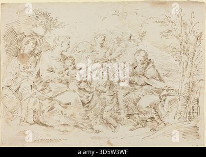 Un dipinto attribuito a Donato Creti raffigurante la Sacra famiglia con Santa Elisabetta, San Giovanni Battista, e due angeli in un paesaggio, olio barocco italiano su tela, enfatizzando figure religiose, presenza angelica e equilibrio compositivo. Foto Stock
