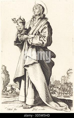 Stampa di Jacques Callot pubblicata nel 1631 che mostra San Giovanni Evangelista. L'incisione enfatizza l'iconografia tradizionale, la postura, l'abbigliamento e i simboli religiosi all'interno dell'arte cristiana europea del XVII secolo. Foto Stock