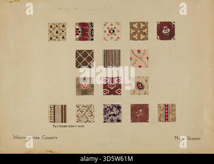 Questa sezione patchwork di una trapunta Friendship presenta diversi pezzi di tessuto cuciti insieme in motivi geometrici. La composizione dimostra le pratiche di trapuntatura americane della metà degli anni '1930, tra cui cuciture accurate, colori contrastanti e motivi decorativi. Foto Stock