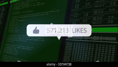 Fluttuante come una bolla con 571.213 MI PIACE su schermate con codice verde, esadecimale, forma d'onda, barra verde Foto Stock