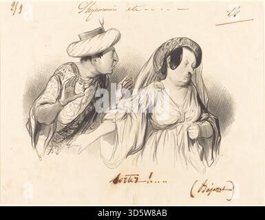 Questa litografia del 1841 di Honoré Daumier illustra una scena teatrale di "Bajazet", che mostra personaggi in pose drammatiche, gesti espressivi e costumi d'epoca dettagliati, mettendo in evidenza la tensione e la narrazione dell'esecuzione. Foto Stock