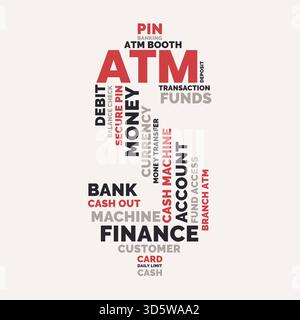 ATM Dollar Sign Word Cloud, Banking finanziario Banking ATM Machine e concetto di transazione Illustrazione Vettoriale