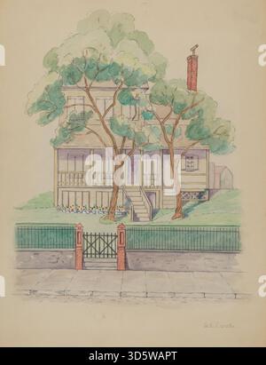 Questa fotografia del 1936 di Gladys Cook raffigura la Stewart House, evidenziandone le caratteristiche architettoniche, le finestre, il tetto, l'ingresso, il paesaggio circostante, e il design strutturale generale tipico dell'architettura residenziale americana dell'inizio del XX secolo. Foto Stock