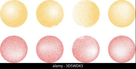 Set di elementi rotondi con rumore di fondo. Cerchi sfumati a punti grunge.forma del sole rossa e gialla di texture a punti. Didascalie effetto diffuso sabbia planetaria. VECTO Illustrazione Vettoriale
