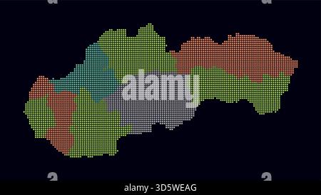 Mappa punteggiata della Slovacchia. Mappa digitale del paese su sfondo scuro. Forma slovacca con punti quadrati. Stile puntini colorati. Quadrati di piccole dimensioni. Illustrazione Vettoriale