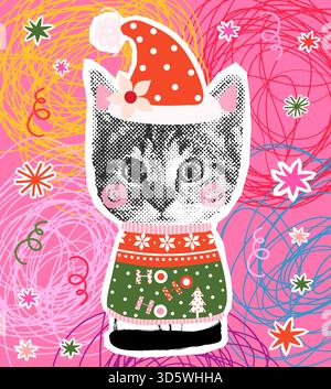 Simpatico gatto vettoriale con brutto maglione natalizio, cappello di Babbo Natale, design in stile collage mezzetinte per striscioni e biglietti d'auguri Illustrazione Vettoriale