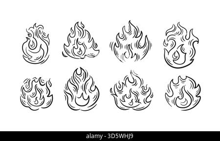Set di fiamme dinamiche in stile schizzo, con linee fluide e coni di fiamma nitidi, grafica vettoriale minimalista per un accento vivace ed energico. Illustrazione Vettoriale