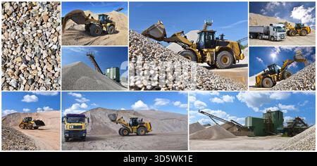 La pala gommata collage carica un dumper con sabbia in una fossa di ghiaia Foto Stock