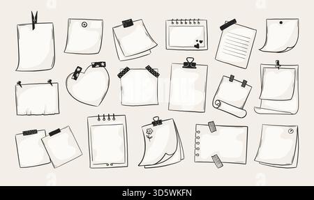 Schizzo su carta. Telaio vuoto disegnato a mano, foglio di note vuoto o post memo clip. Graffetta, graffetta per appunti, messaggi su stick, nota sul blocco appunti. Set di illustrazioni di cancelleria isolata vettoriale per scarabocchi Illustrazione Vettoriale