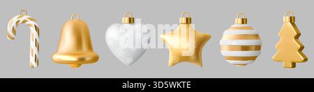 Set di palle d'oro per l'albero di natale. ornamento 3d con nastro bianco, campana giocattolo natalizio dorato o sfera di sospensione in metallo per la decorazione dell'anno nuovo, lampadine appese con fiocchi di neve. Rendering di elementi lucidi isolati vettoriali Illustrazione Vettoriale