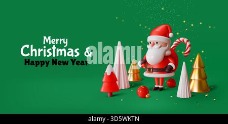 Sfondo natalizio in 3D. Felice anno nuovo, regalo Noel o allegri decorazioni natalizie. Il personaggio di Holiday Babbo Natale contiene canne da zucchero, graziosi alberi dorati lucidi e giocattoli di vetro. Rendering vettoriale di elementi festivi isolati Illustrazione Vettoriale