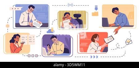 La gente lavora. Il team dell'ufficio comunica al computer. Flusso di lavoro del progetto comunitario per gruppo di dipendenti. Lavoro di squadra. Uomo d'affari con portatile e documento. Finestra del browser digitale. Concetto vettoriale Illustrazione Vettoriale