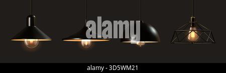 Lampada a sospensione. Lampadina plafoniera. Apparecchiature domestiche. Lanterna vintage brillante. Interni moderni. Soggiorno di lusso in 3D luminoso. Decorazioni in stile loft. Sfumatura lucida. Illimitazione della casa. Set di oggetti d'arredo vettoriali Illustrazione Vettoriale