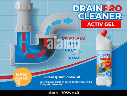 Pulizia dei tubi. Acqua detergente per WC. Eliminare l'intasamento dell'etichetta o utilizzare un prodotto potente e realistico. Prodotti chimici per uso domestico. Ostruzione tubo fognario. Scaricare il flacone di detergente. Design del modello di banner per pubblicità vettoriale Illustrazione Vettoriale