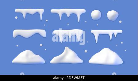 Mucchio di neve. palla da neve invernale in 3d, calotta ghiacciata o terreno di icicle fuso. Le nevicate bianche, i fiocchi di neve e gli angoli, i ciaspolamenti, le grafiche decorative delle superfici ghiacciate rendono gli oggetti. Set isolato vettoriale Illustrazione Vettoriale