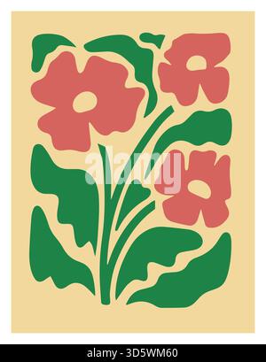 Fiori scanalati astratti. Pianta in fiore. Semplice fioritura piatta. Graziosi petali e foglie. Forma organica. Disegno a colori Doodle. Bouquet di Matisse. Forma contemporanea. Vegetazione del giardino. Scheda botanica vettoriale Illustrazione Vettoriale