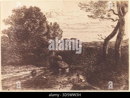 Un dipinto del 1853 di Jean Baptiste Camille Corot che mostra un pastore che fa il bagno in un ruscello, con un paesaggio naturale, fogliame dettagliato, riflessi sull'acqua e figura espressiva. Foto Stock