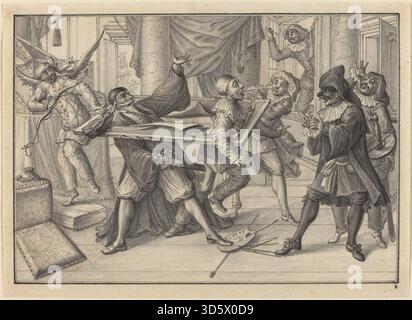 Questa incisione di Johann Jacob Schübler, intorno al 1729, raffigura Mezzetin e Arlecchino usando una cornice come strumento per catturare Pantaloon e Pierrot. La composizione mette in evidenza costumi teatrali, interazioni con i personaggi e narrazioni giocose all'interno della tradizione della commedia dell'arte. Foto Stock