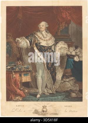 Questa stampa del 1789 di Debucourt, 'Luigi sequestra', raffigura re Luigi XVI di Francia, concentrandosi sul suo ritratto, abbigliamento, postura e insegne reali. L'opera riflette le convenzioni del ritratto monarchico francese della fine del XVIII secolo. Foto Stock