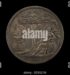 Un rovescio della medaglia del 1747 di Johann Christian Marmé che mostra Minerva, la dea romana della saggezza, incoraggiando lo stato olandese. La composizione simboleggia protezione, stabilità e governance attraverso immagini allegoriche. Foto Stock