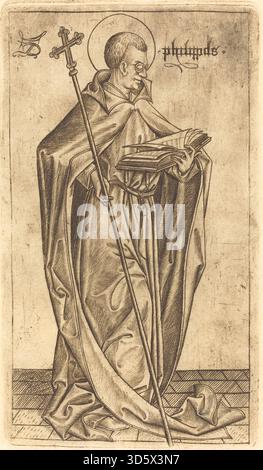 Questa incisione raffigura San Filippo ed è stata creata da Israhel van Meckenem dopo il Maestro es intorno al 1470-1480, mostrando il santo nell'iconografia tradizionale con dettagliate opere di linea e simbolismo religioso. Foto Stock