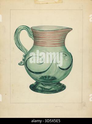 Questa caraffa, creata da John Fisk tra il 1935 e il 1942, è un vaso in ceramica funzionale con decorazioni dipinte. Riflette l'artigianato americano della metà del XX secolo e le tradizioni dell'arte popolare nella forma, nel design e nella decorazione delle superfici. Foto Stock