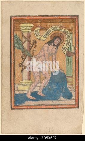 Il dipinto olandese o francese del XV secolo "l'uomo dei dolori", c. 1490, raffigura Cristo in una posa di mezza lunghezza, mostrando ferite, espressione facciale della sofferenza, con tendaggi, mani dettagliate e simbolismo religioso, esemplificando l'arte devozionale tardo medievale. Foto Stock