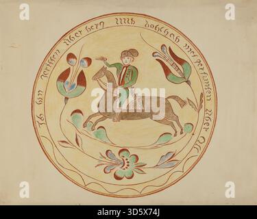 Questo piatto tedesco della Pennsylvania, realizzato tra il 1935 e il 1942, è un piatto di legno o ceramica utilizzato in ambienti domestici. Dimostra la decorazione dell'arte popolare e il design pratico tipico delle famiglie tedesche della Pennsylvania dei primi anni del XX secolo. Foto Stock